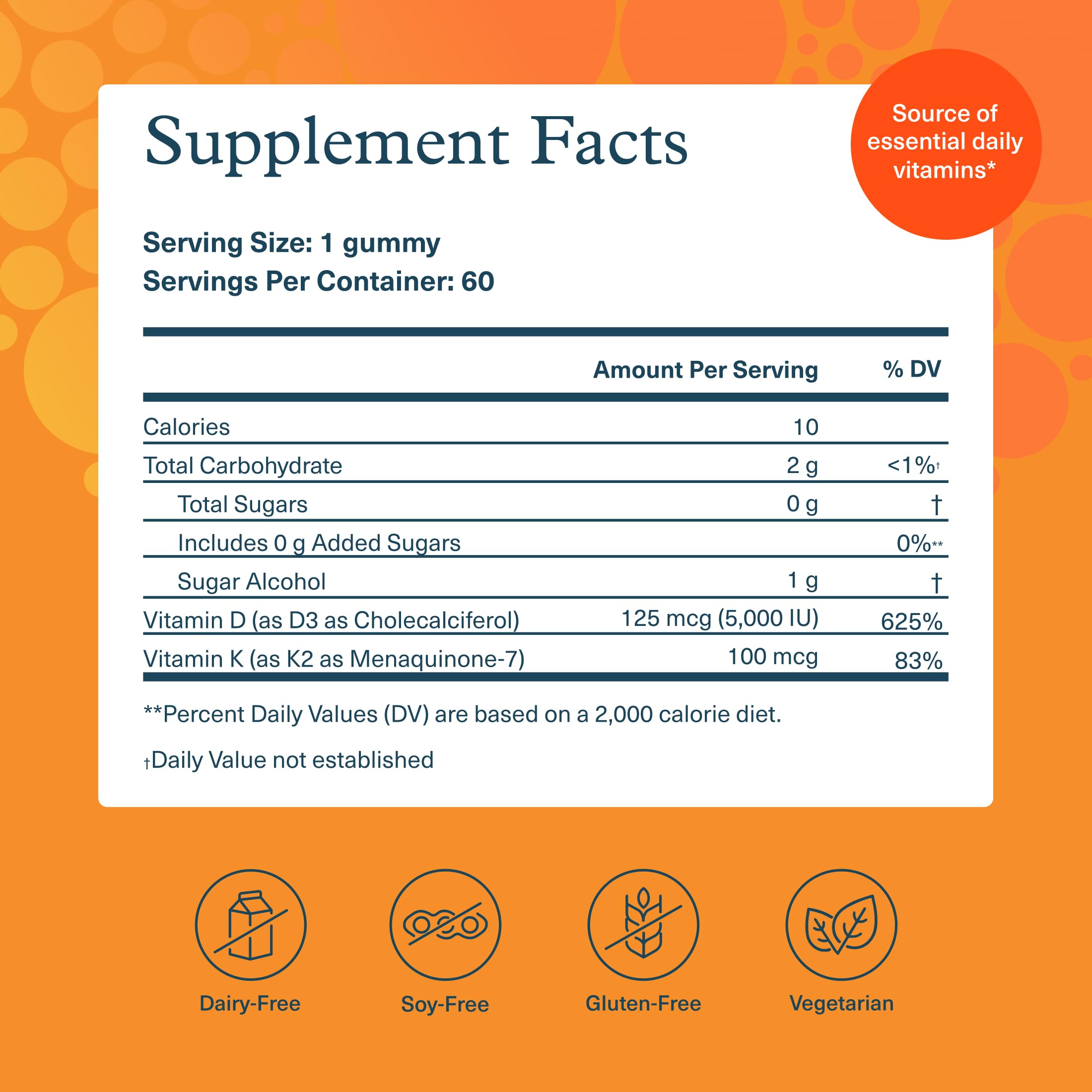 Youtheory K2D3 Zero Sugar Gummy label closeup showing vitamin D3 and K2 information