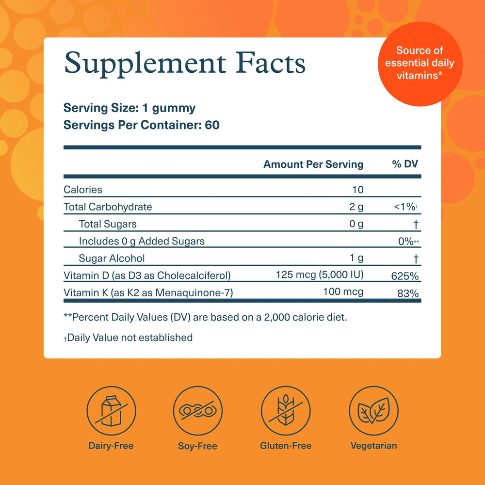 Youtheory K2D3 Zero Sugar Gummy label closeup showing vitamin D3 and K2 information