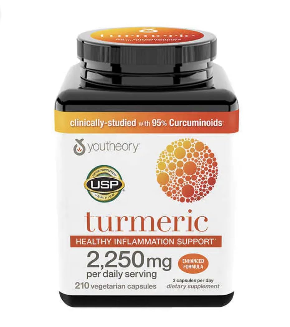 Youtheory Turmeric Enhanced Formula bottle packshot showing the product and capsules for antioxidant support