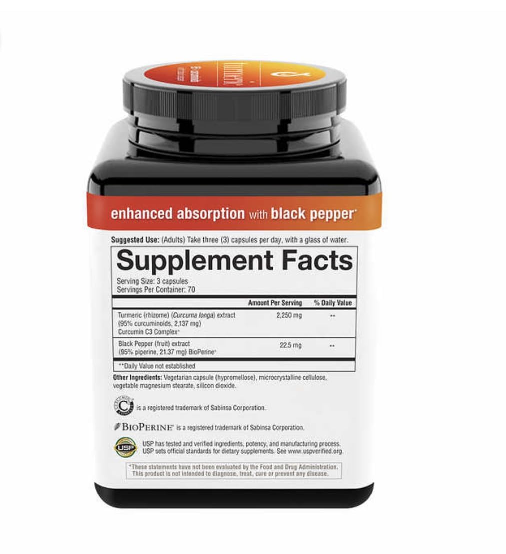 Youtheory Turmeric Enhanced Formula capsules close-up with BioPerine for absorption and inflammation support
