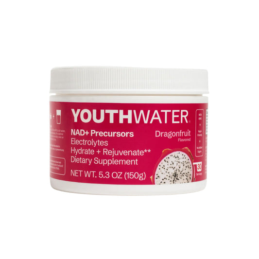 YOUTHWATER dragonfruit electrolyte powder being scooped for hydration during workouts.