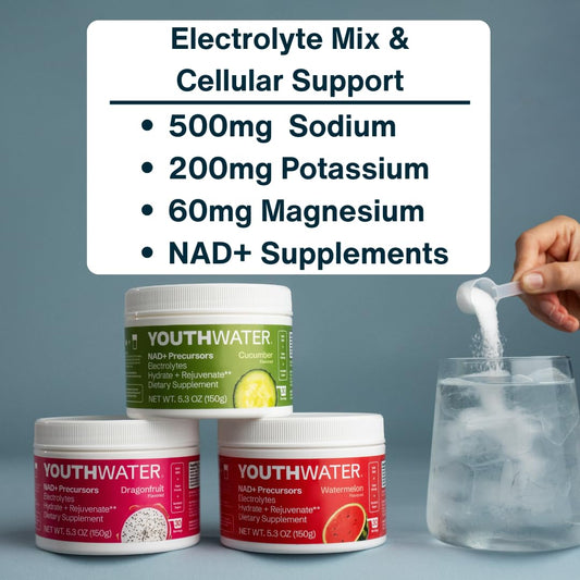 YOUTHWATER NAD+ Cucumber powder dissolving in glass for refreshing hydration.