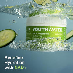 Serving-size pack of YOUTHWATER NAD+ Cucumber shows 30 servings.