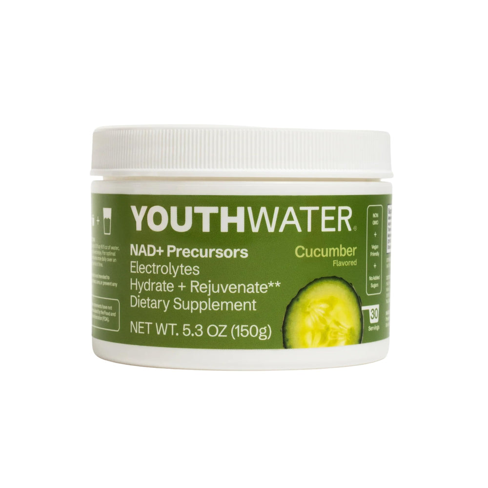 YOUTHWATER NAD+ Cucumber tub showing clean electrolytes for daily hydration.