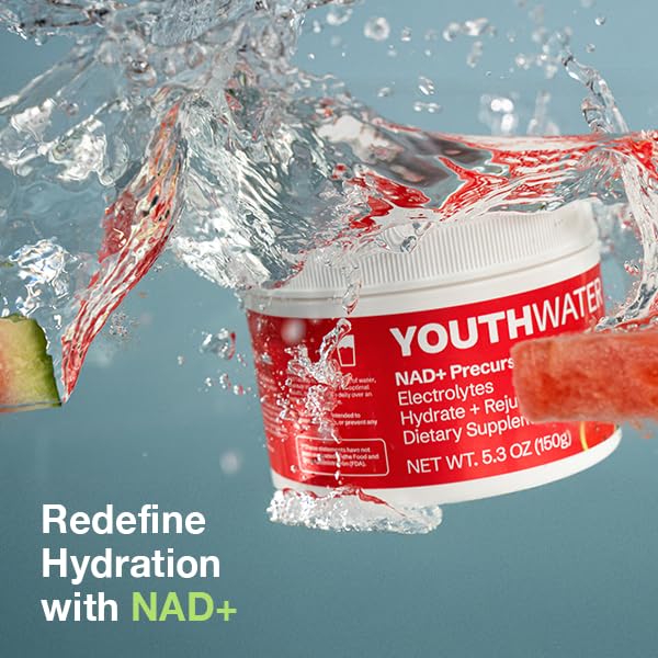 YOUTHWATER NAD+ watermelon mix ready illustrates simple at-home hydration.