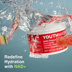 YOUTHWATER NAD+ watermelon mix ready illustrates simple at-home hydration.
