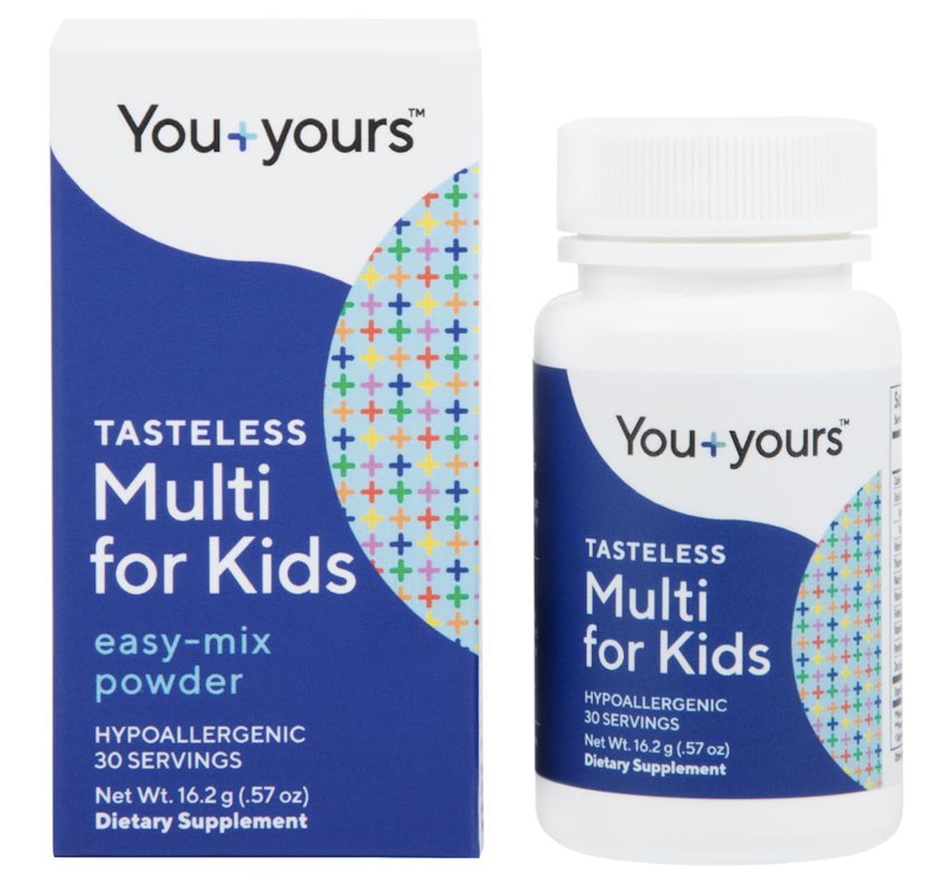 You+yours tasteless multivitamin powder bottle pour demonstrates easy mixing