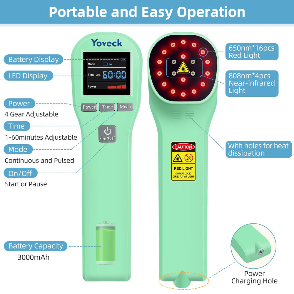Yoveck red light therapy handheld use on arm for quick soreness easing.