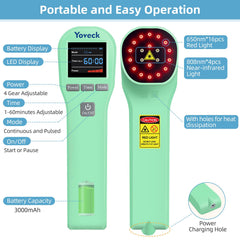 Yoveck red light therapy handheld use on arm for quick soreness easing.