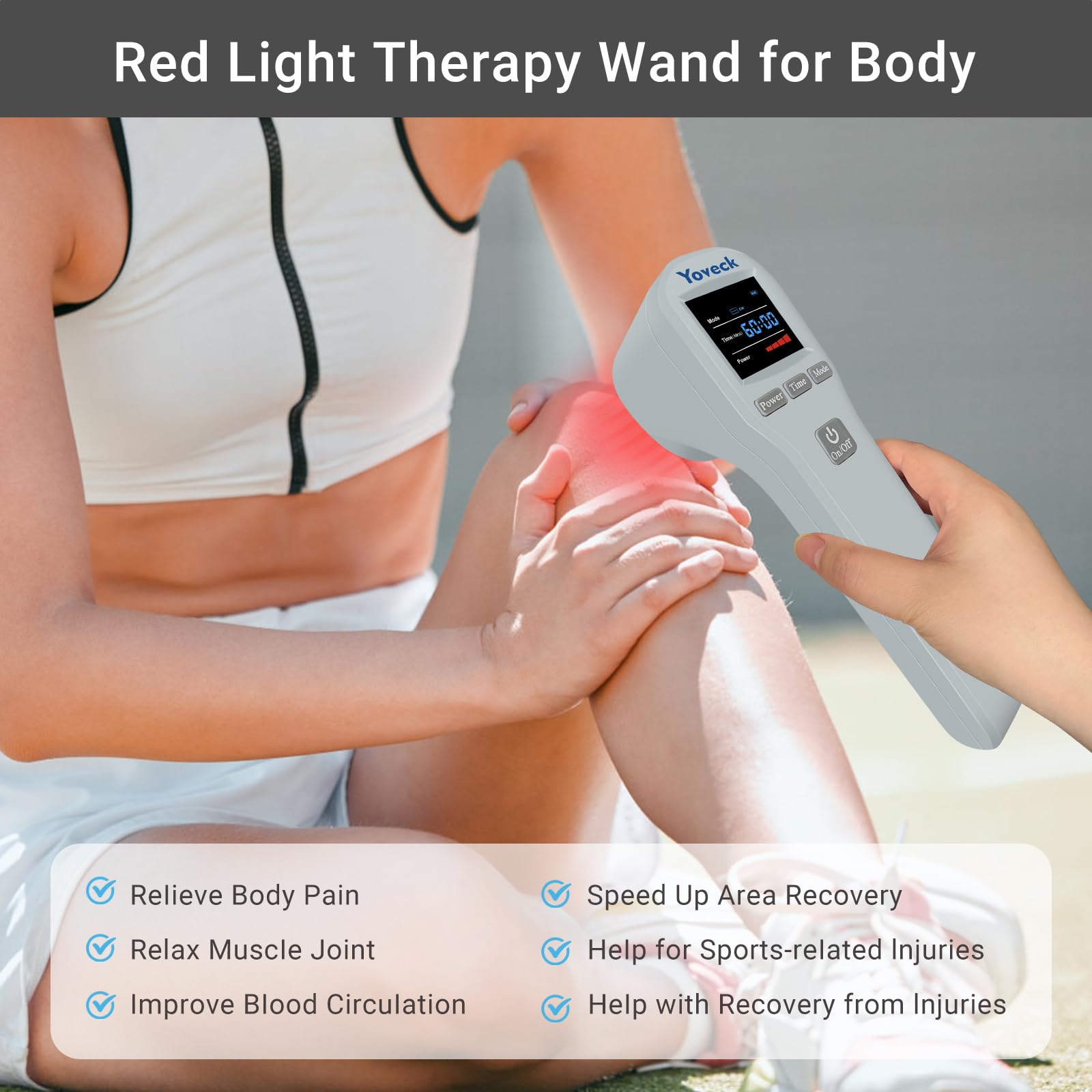 Yoveck red-light therapy device LED display close-up for easy session control.