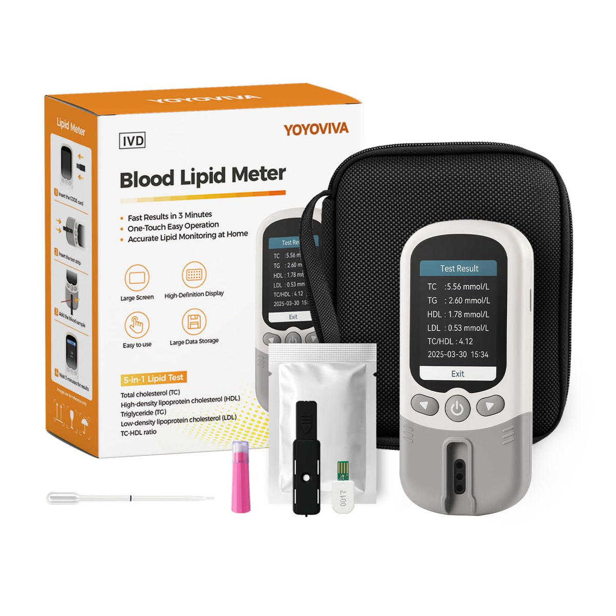YOYOVIVA 5-in-1 test meter display shows rapid lipid results at home.