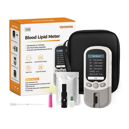 YOYOVIVA 5-in-1 test meter display shows rapid lipid results at home.
