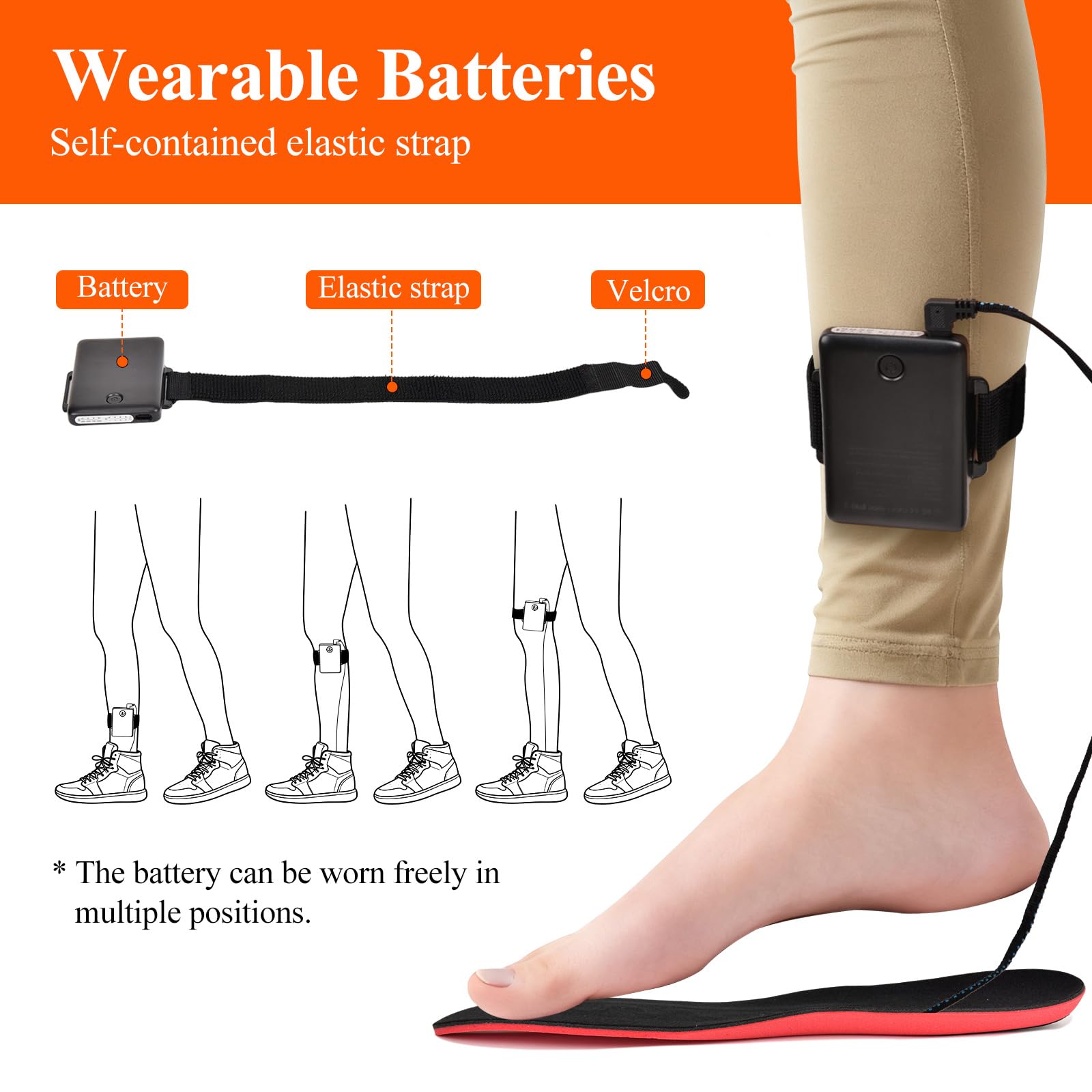 YPJIAJV external battery strapped on the calf reduces shoe weight.