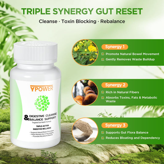 Ypower Colon Cleanse bottle back label highlighting natural ingredients and non-GMO formula.