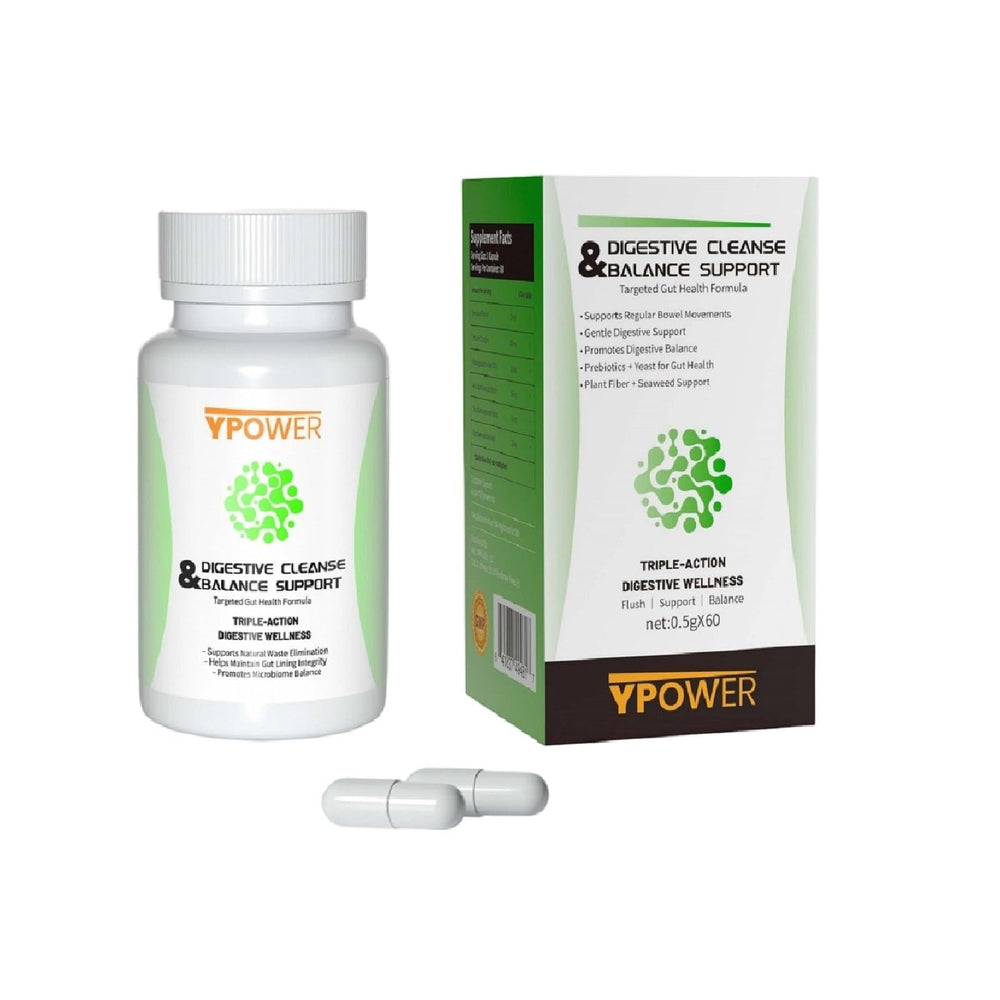 Ypower Colon Cleanse bottle front showcasing vegan capsules for gentle digestive support.
