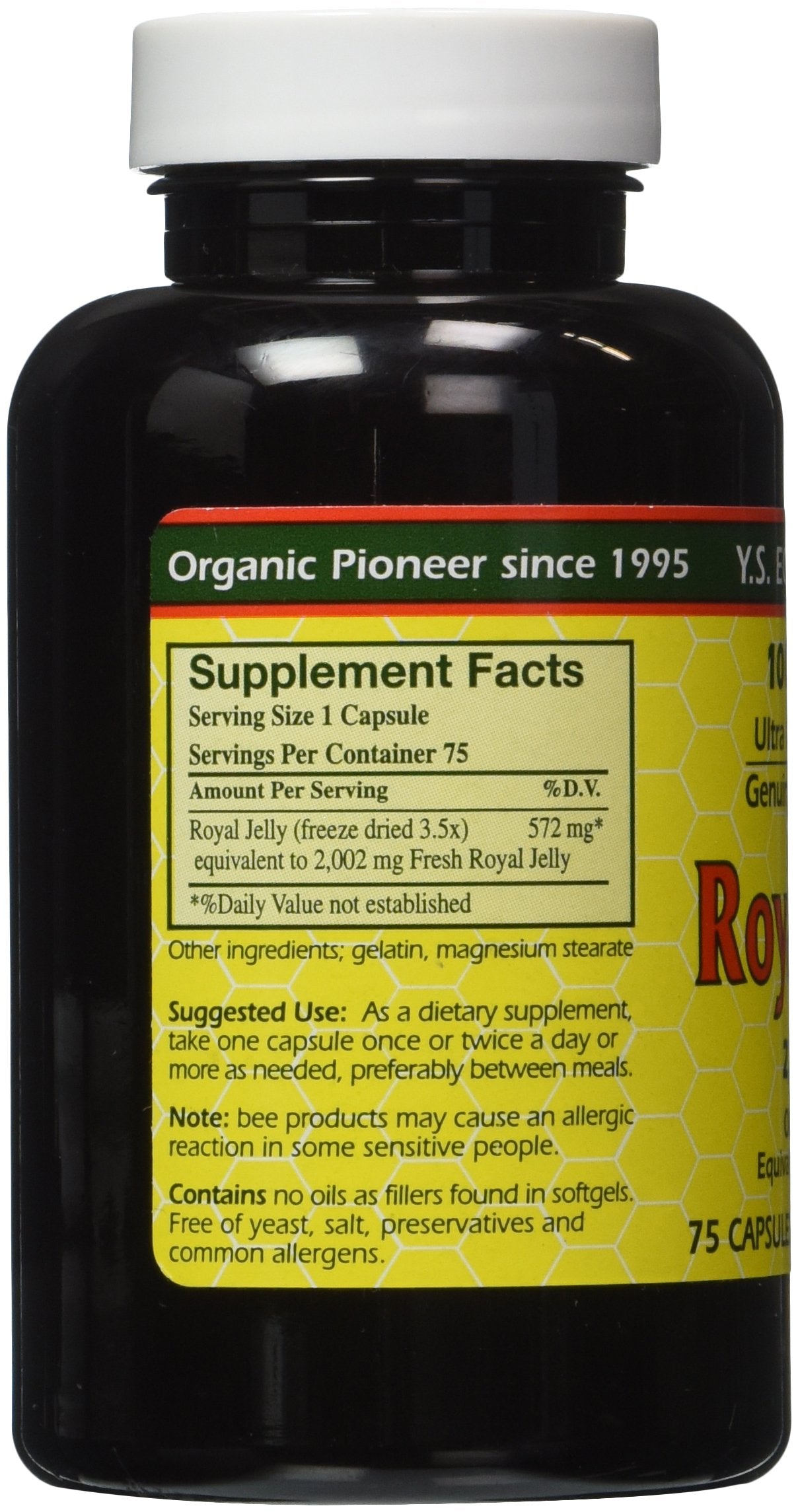 YS Eco Bee Farms freeze-dried royal jelly capsules close-up highlighting pure, convenient nutrition.
