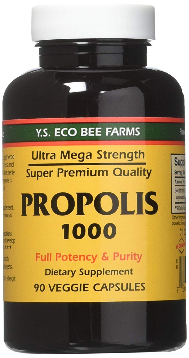 YS Eco Bee Farms Propolis 1000 capsules close-up on bottle for easy daily use.