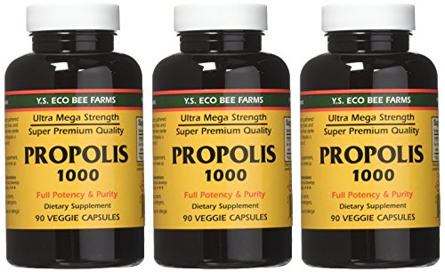 Three-pack display of YS Eco Bee Farms Propolis 1000 bottles.