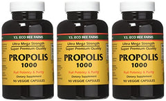 Three-pack display of YS Eco Bee Farms Propolis 1000 bottles.