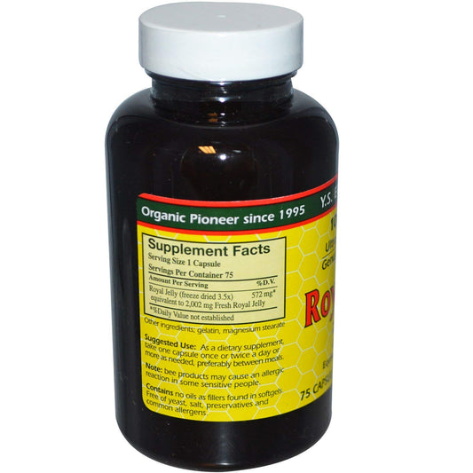 YS Eco Bee Farms Royal Jelly 2000 Mg bottle label closeup showing dosage and ingredients