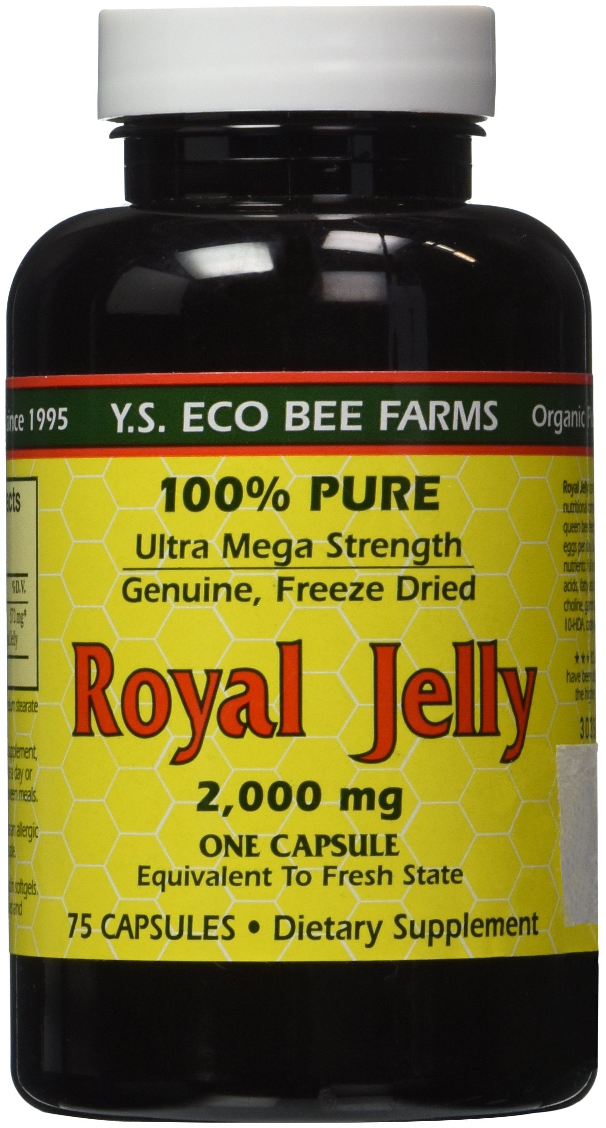YS Eco Bee Farms royal jelly capsules bottle close-up for daily supplement convenience.