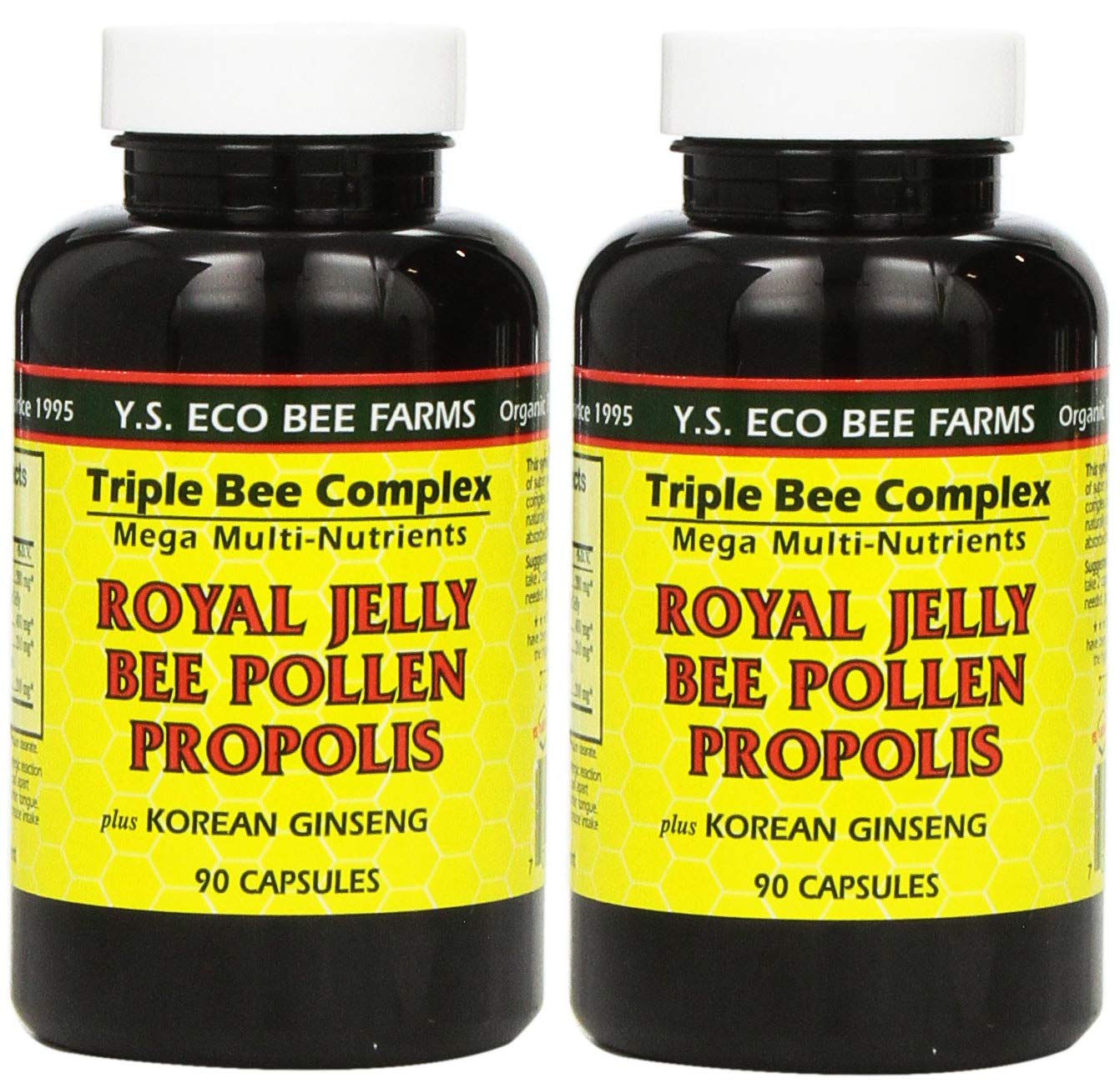 YS Eco Bee Farms bottle shows royal jelly pollen propolis ginseng for daily vitality