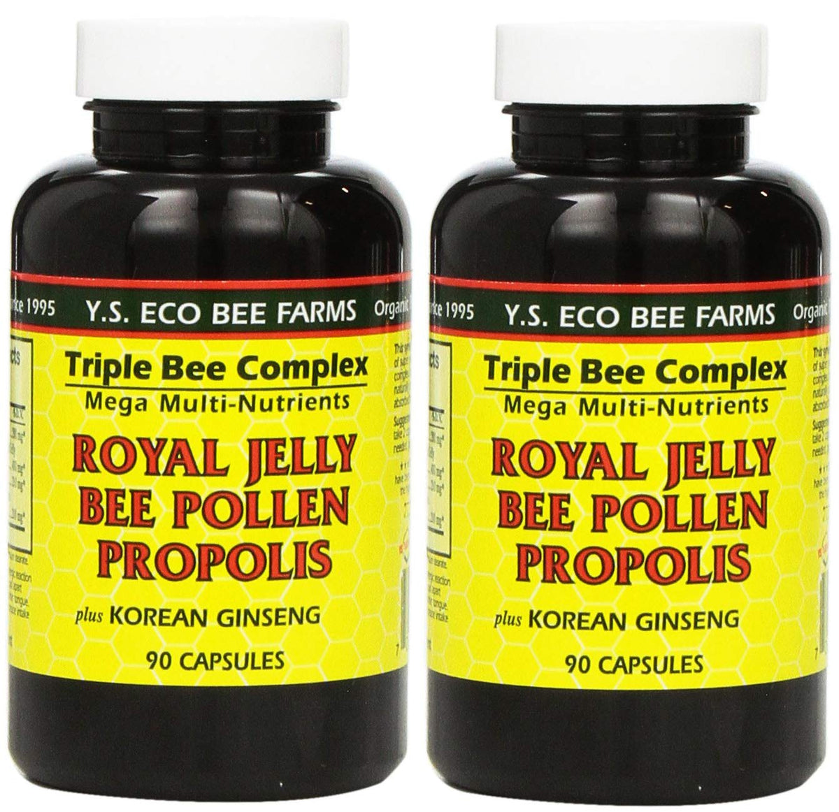 YS Eco Bee Farms bottle shows royal jelly pollen propolis ginseng for daily vitality