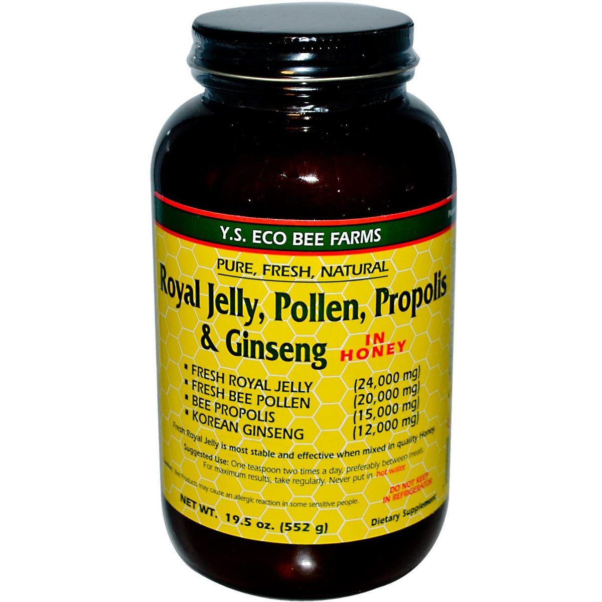 YS Royal Jelly blend bottle pour premium honey with royal jelly, pollen, propolis