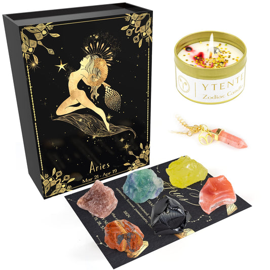 YTENTE Aries sign candle with crystals creating a calming ambiance