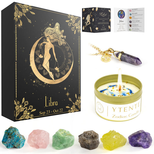 YTENTE Libra zodiac soy candle with crystals for calming rituals.