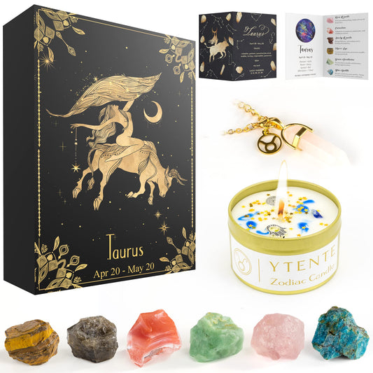 YTENTE Taurus zodiac candle made with soy wax and crystals for tranquil ambiance.