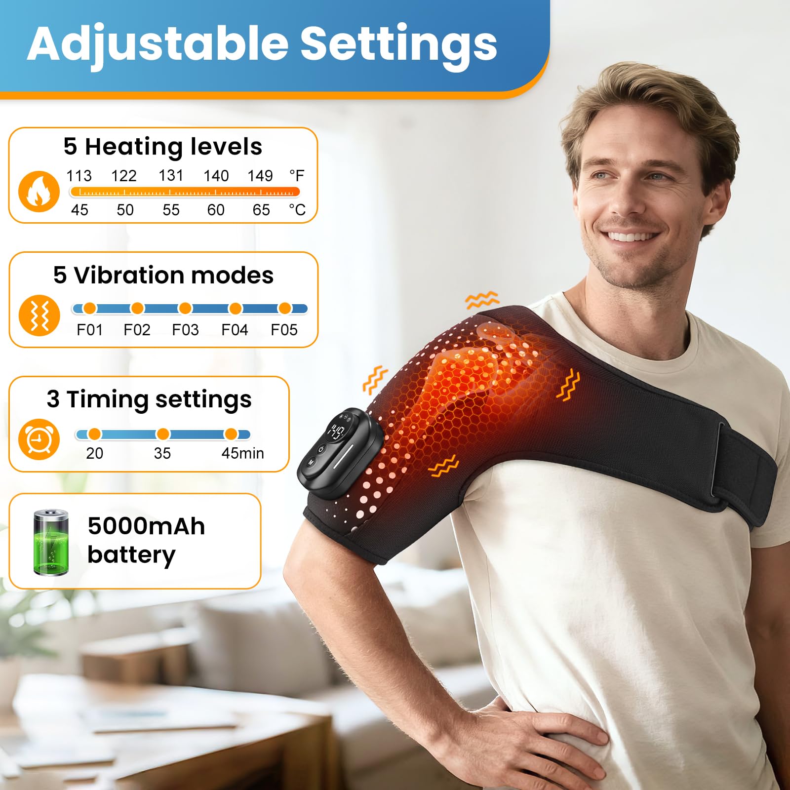 YUANBO shoulder wrap displays temperature and battery life for simple control.