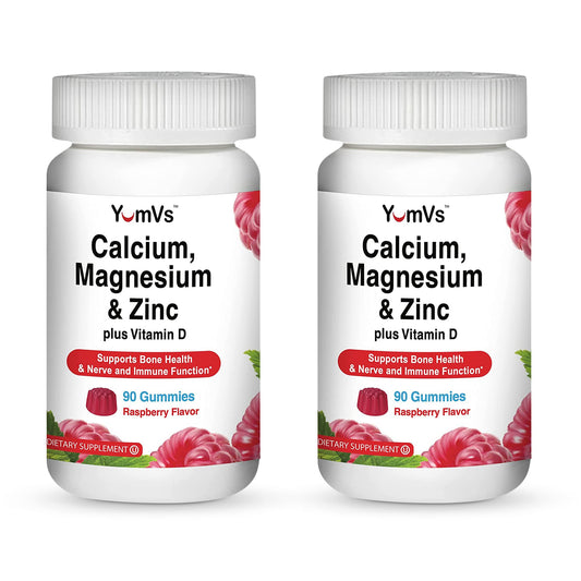 YUM-V'S bottle of Calcium Magnesium Zinc Vitamin D gummies for everyday bone support