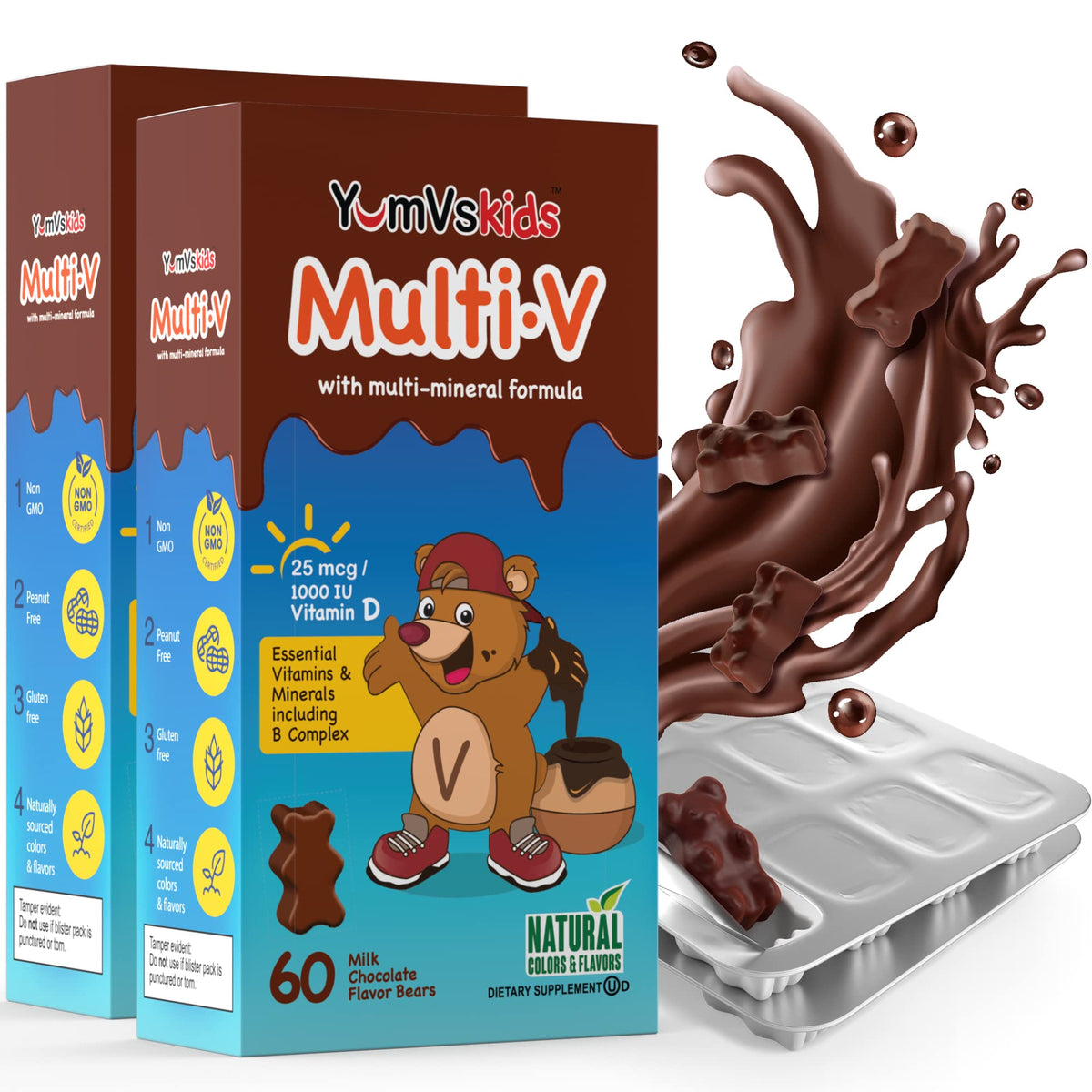 YUM-V'S Kids Chocolate Bears packaging in foil packets for easy daily use.