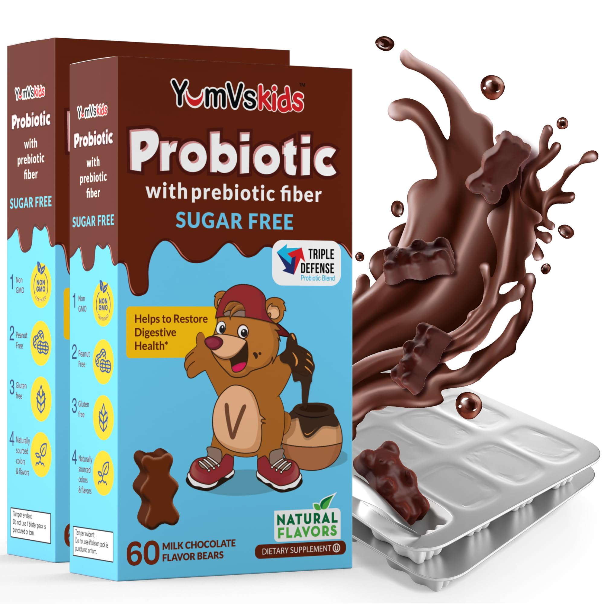 YUM-V'S probiotic kids chocolate packaging shown for easy daily routine