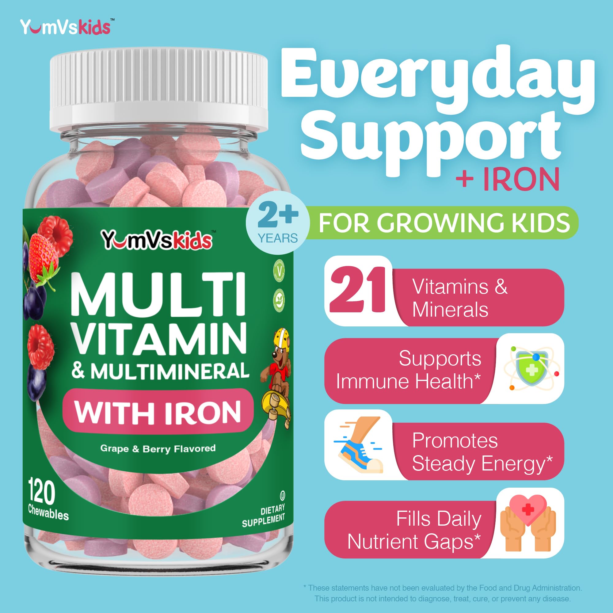 YUM-V'S bottle nutrition label close-up highlighting essential vitamins
