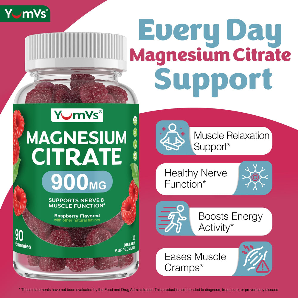 Close-up of YUM-V'S gummies showing raspberry flavor and 102 mg elemental magnesium per serving.
