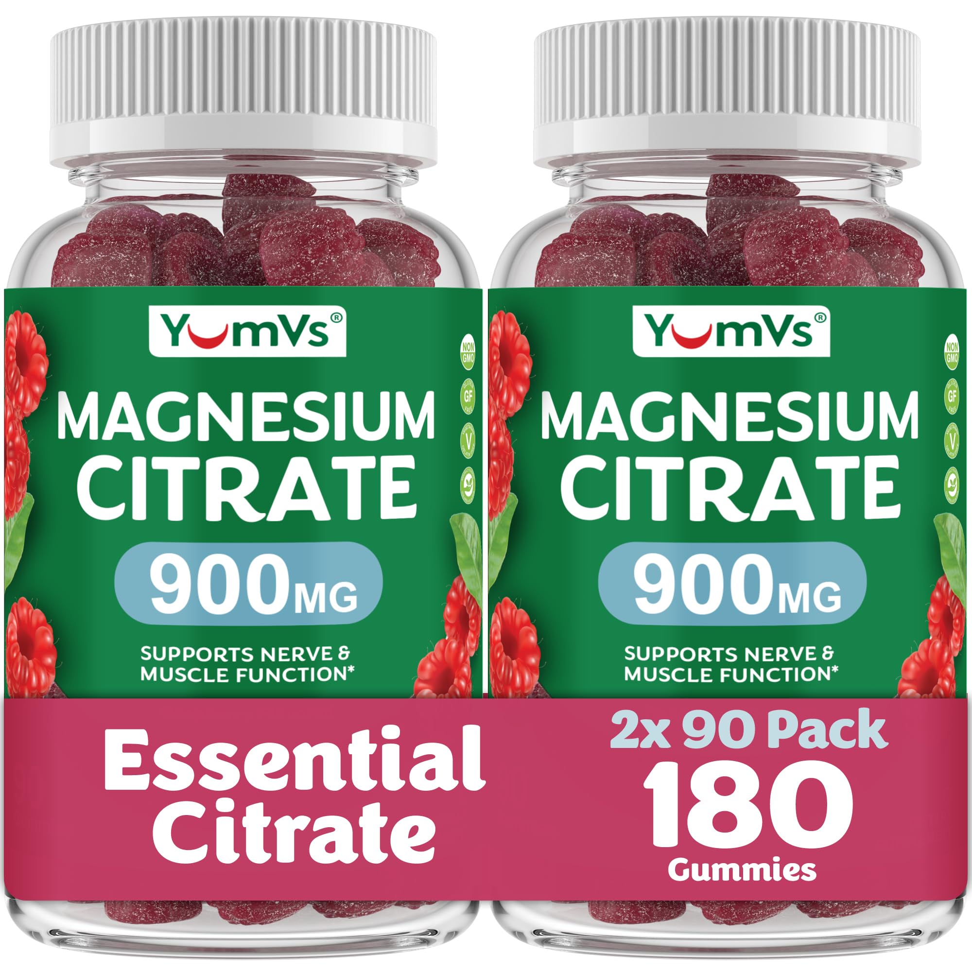 YUM-V'S Magnesium Citrate Gummies bottle front highlighting gluten-free, kosher, and raspberry flavor.