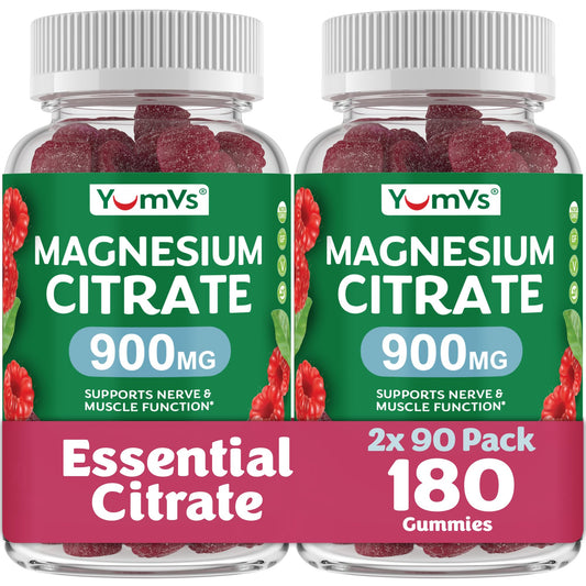 YUM-V'S Magnesium Citrate Gummies bottle front highlighting gluten-free, kosher, and raspberry flavor.