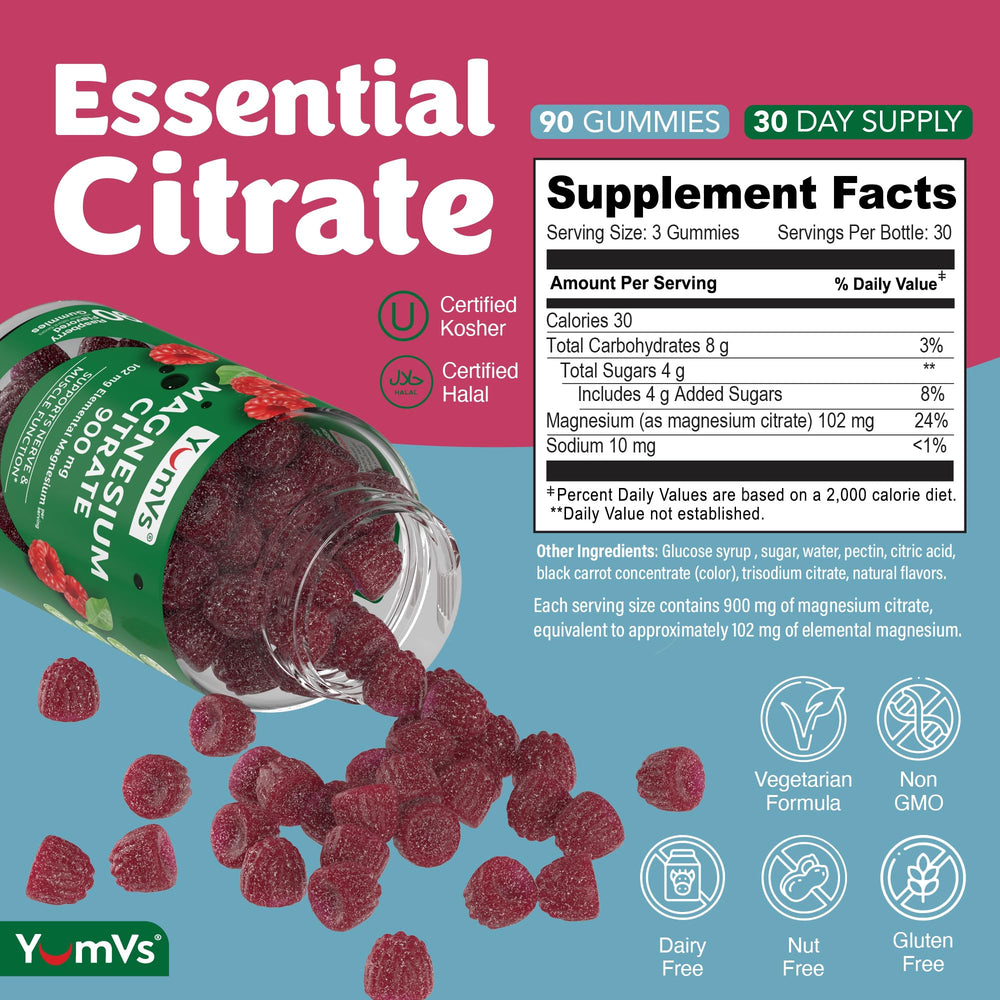 Gummies with YUM-V'S label reading Non-GMO, gluten-free and gelatin-free, emphasizing clean ingredients.