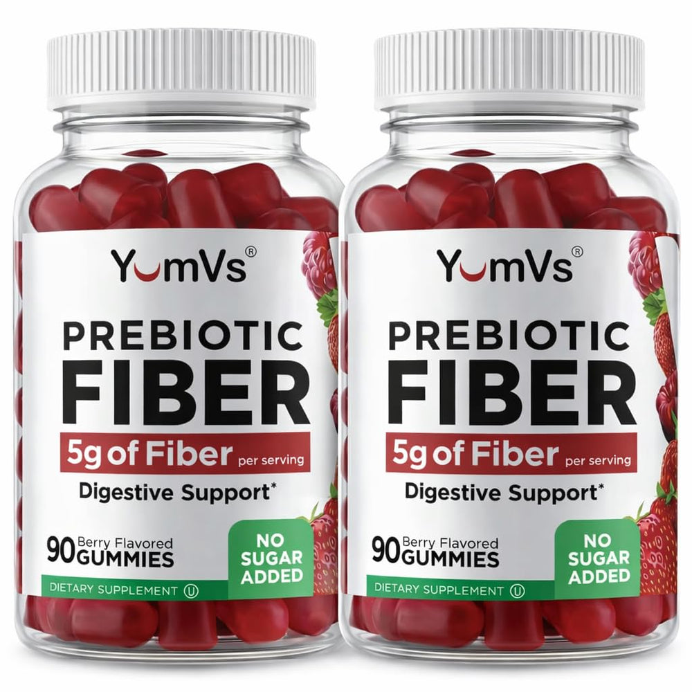 YUM-V'S prebiotic fiber gummies berry bottle promotes regularity and digestive wellness.