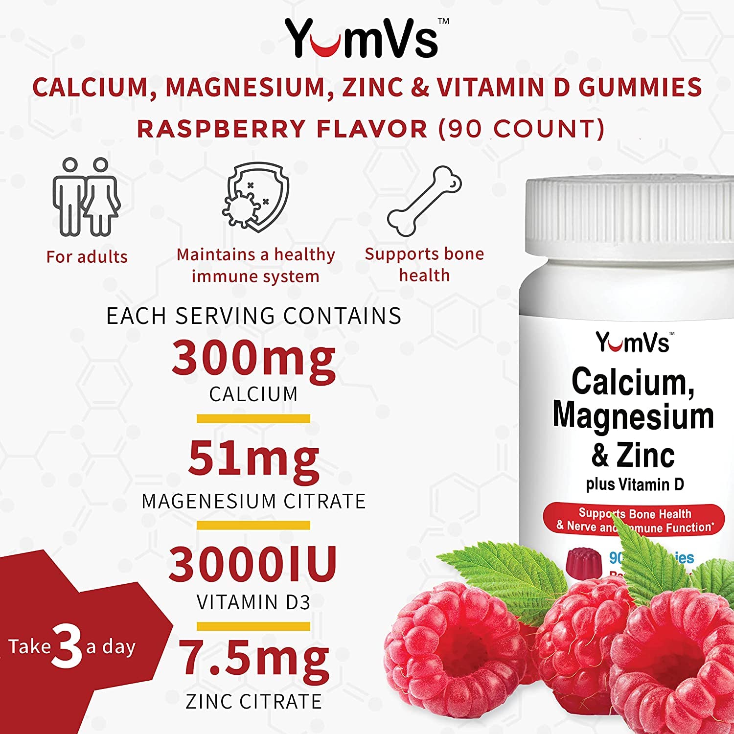 Close-up of raspberry-flavored Yum-V'S gummies showing texture and color