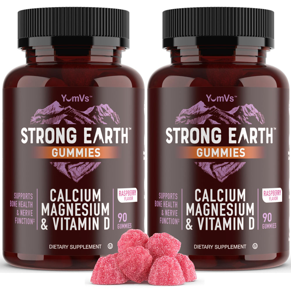 YUM-V'S Strong Earth Calcium bottle with raspberry gummies for daily bone support