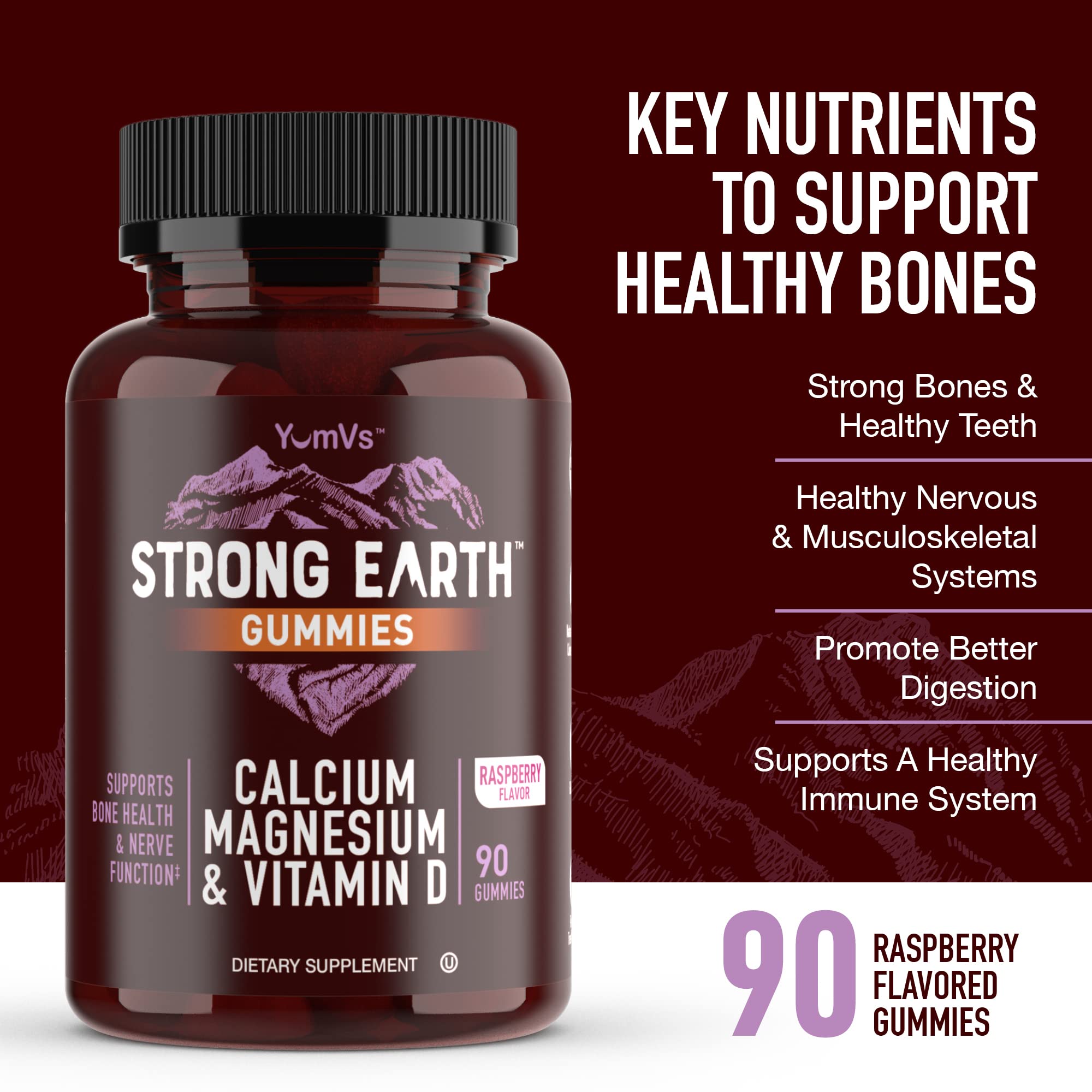 Ingredients panel on YUM-V'S bottle shows calcium, magnesium, and vitamin D3