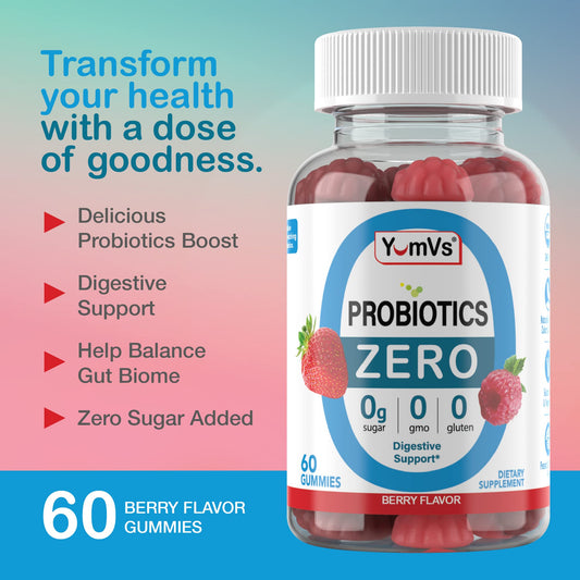 YUM-V'S Sugar Free Probiotic Gummies packaging on shelf shows convenient gut health option