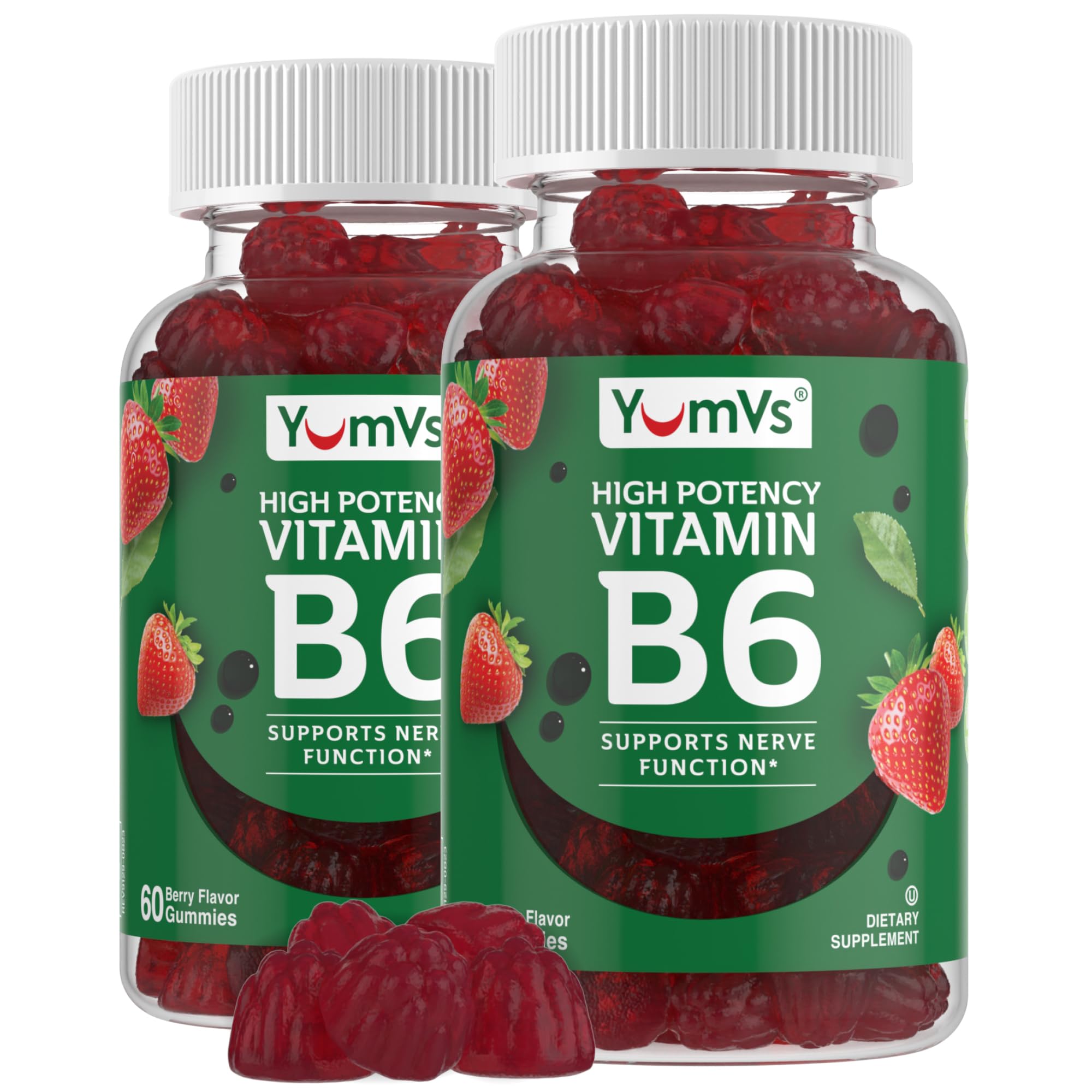YUM-V'S Vitamin B6 Gummies bottle front showing packaging and strawberry flavor.