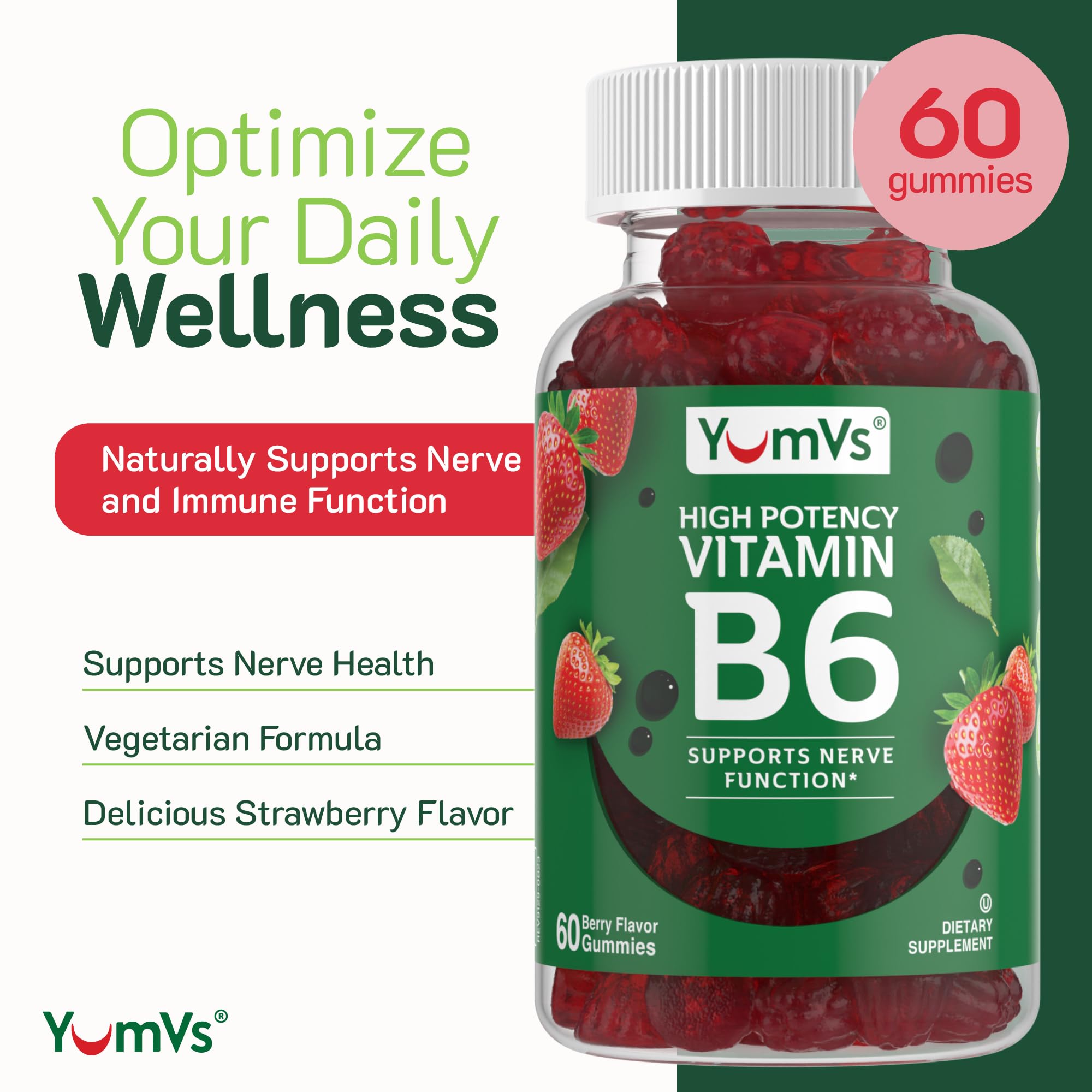 Close-up of YUM-V'S B6 gummies highlighting chewy texture and strawberry color.