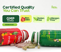 Yummy & Health ingredients artwork with farm-fresh fruits and vegetables visual.