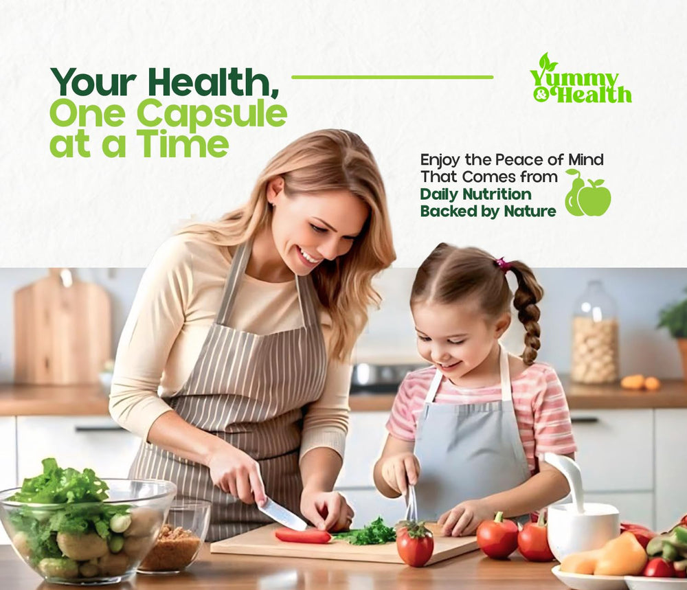 Yummy & Health capsules arranged with fresh produce to convey whole-food nutrition.