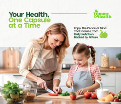 Yummy & Health capsules arranged with fresh produce to convey whole-food nutrition.